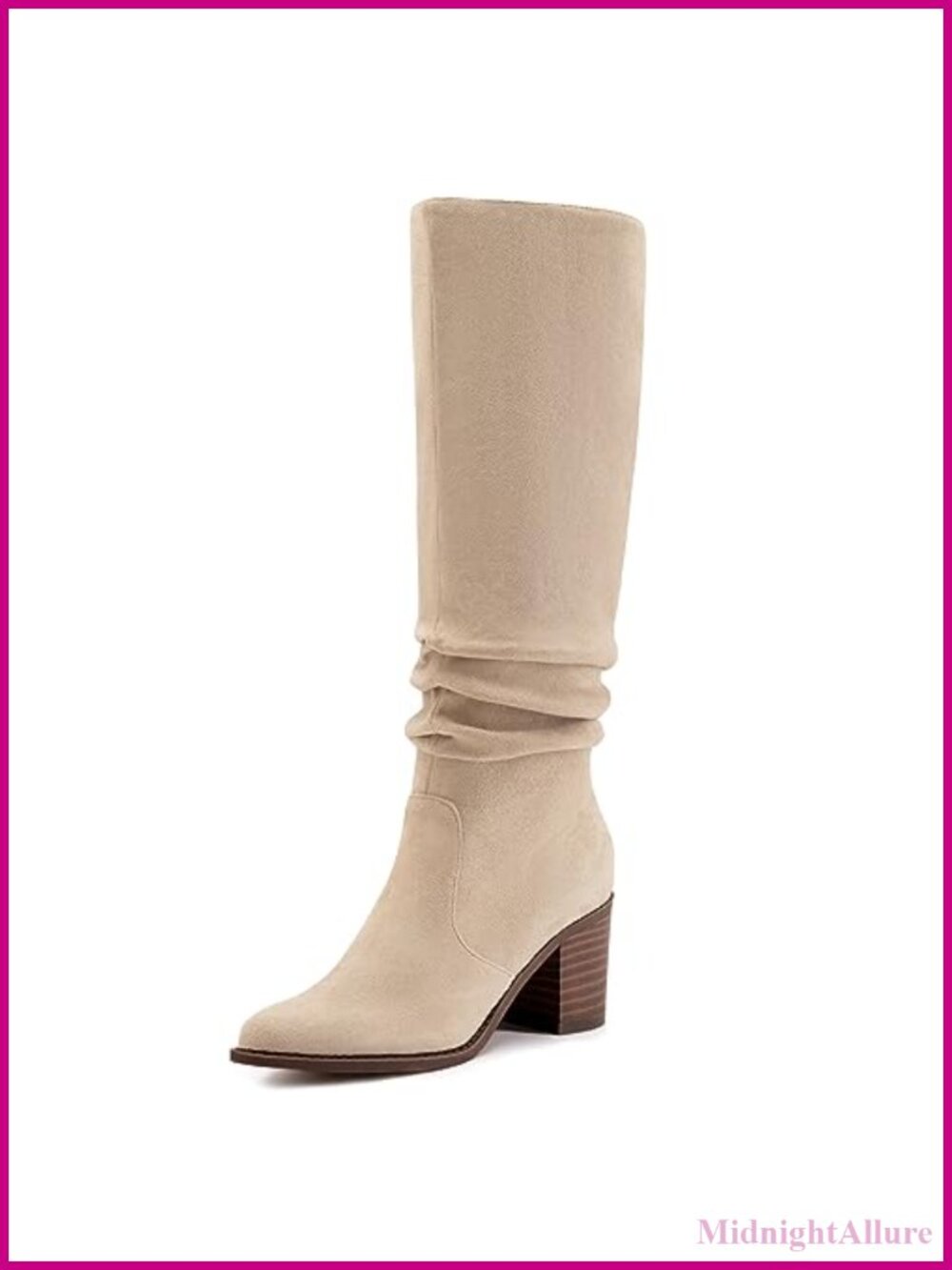 Faux Suede Knee High Boots Pointed Toe Chunky Heel Slouchy Wide Calf Womens